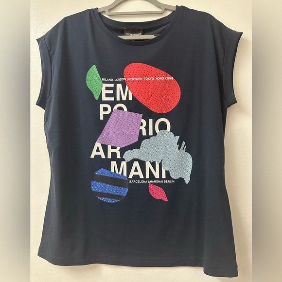 Emporio Armani Sleeveless Graphic Rhinestone T-Shirt - Picture 1 of 3